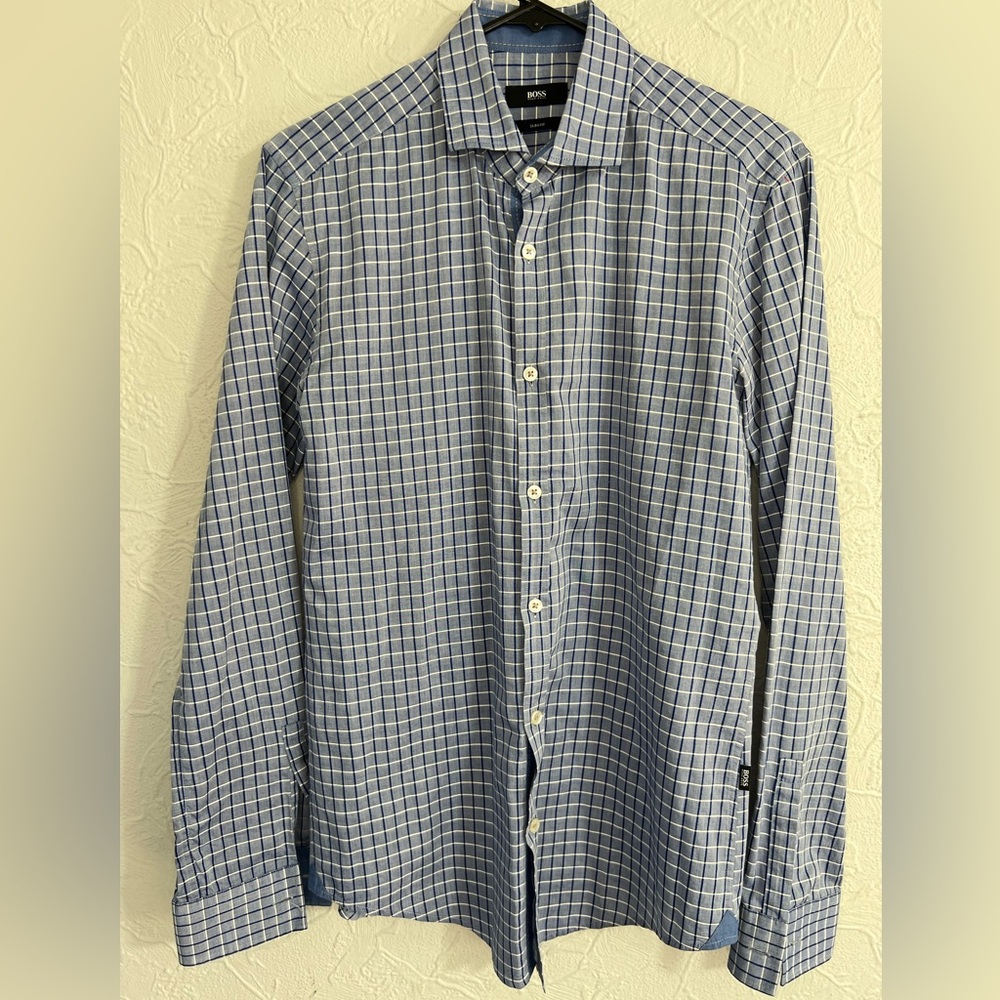 Hugo Boss Shirt Mens Small Blue Check Slim Fit Casual Button Up Melvin